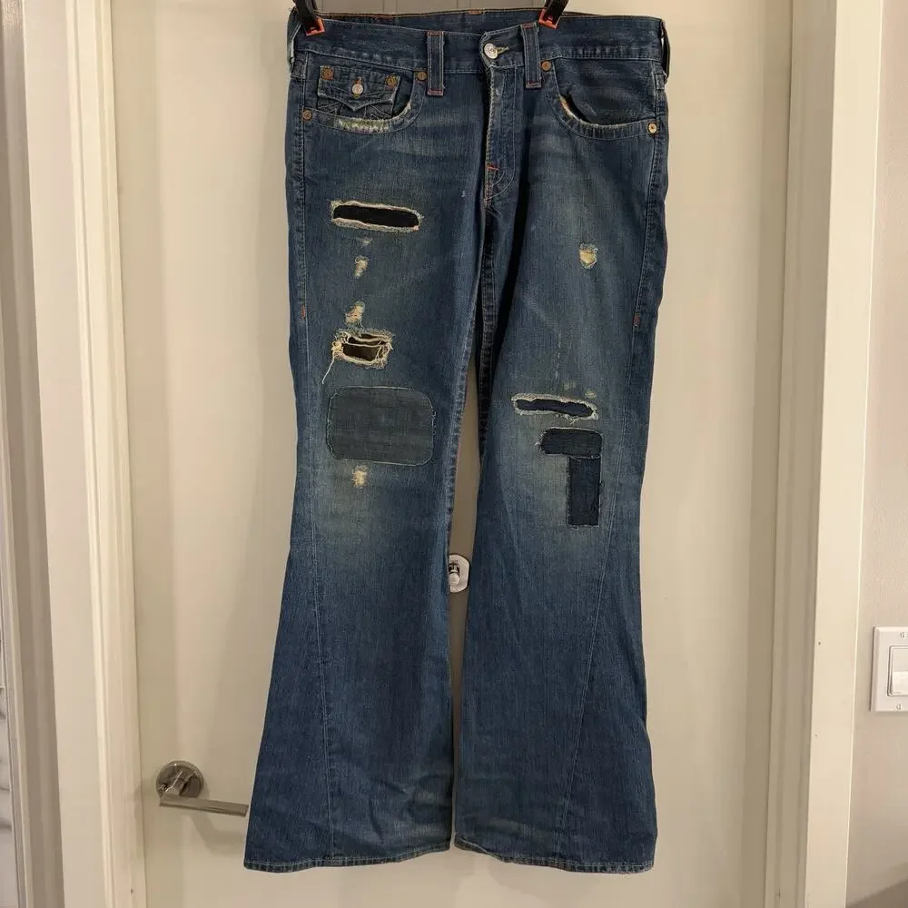True Religion Joey Distressed Patchwork Flare Jeans Mens 33x33 Vintage Y2K